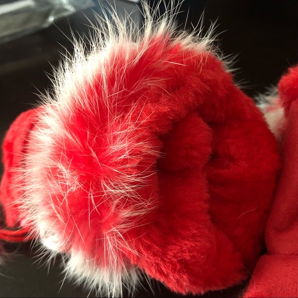 NWT red fingerless gloves real angora fur vegan suede mittens - Picture 2 of 7